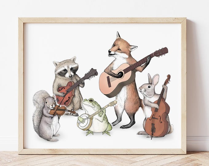 Bluegrass Animal Band Art Print - Bluegrass Art - Animal Art - Music Art - Cute Animal Print - Woodland Critter Band - Nursery Art - Musical