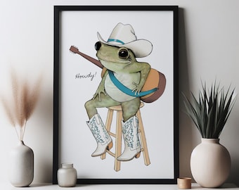 Lámina de rana vaquera del oeste. Obra de arte de música country bluegrass. Lindo regalo de rana. Tocador de guitarra. Lámina para guardería. Decoración de pared divertida e ilustrada.