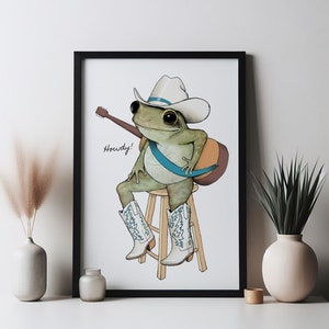 Western Cowboy Frog Art Print. Bluegrass Country Music Artwork. Cute Frog Gift. Guitar Player. Nursery Print. Illustrated Funny Wall Decor.