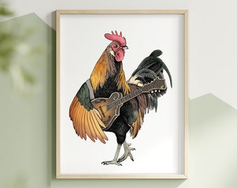 Bluegrass Rooster Art Print. Mandolin Musical Nursery. Chicken Farm Country Decor. Illustrated Music Art. Woodland Critter Band Wall Poster.