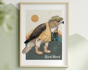 Red Tailed Hawk Bird Nerd Art Print. Birding Artwork Outdoors Nature Hiking Birdwatcher Gift. Birder Print. Funny Bird Watching Lover Gift.