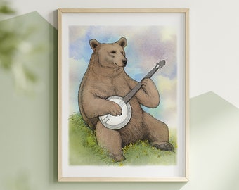 Bluegrass Banjo Bear Art Print. Bluegrass Animal Band. Bluegrass Gift. Musician Music Poster. Banjo Decor. Country Decor. Nursery Kids Room.