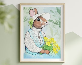 Victorian Rabbit Art Print. Cottage Core Animal Art Decor. Cute Woodland Nursery Art. Floral Bunny Gift. Cute Edwardian Romantic Artwork.