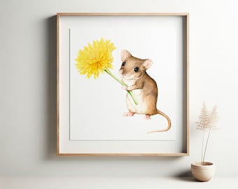 Cute Mouse Print. Woodland Animal Nursery Art. Watercolor Artwork. Baby Room Decor. Baby Girl, Boy. Whimsical Flower Wall Art. Mouse Gift.