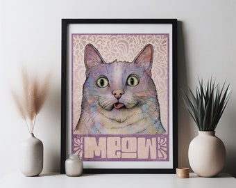 Retro Cat Art Psychedelic 70s Home Decor Meow Artwork 60s Hippie Kitty Print Wall Art Print Cat Lover Gift Unique Vintage Style Illustration