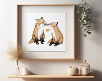 Cute Fox Love Art Print. Woodland Animal Artwork. Children's Decor. Animal Nursery Print. Sweet Fox Gift. Room Decor. Wall Art Wedding Gift.