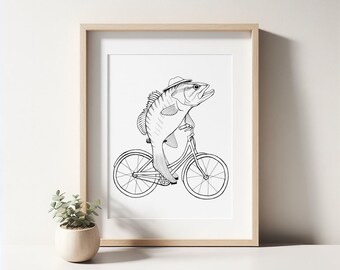 Fisch auf dem Fahrrad Kunstdruck. Skurrile Wandkunst. Witziges Wand Dekor. Weiblicher Fisch. Niedliche Fahrradwand-Posterkunst. Einzigartiges Geschenk für Ihn, für Sie