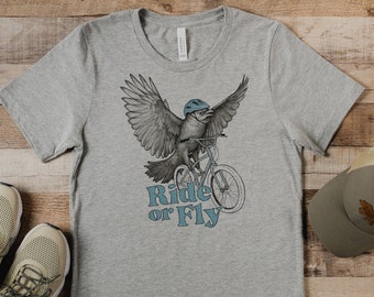 Ride or Fly Bird Bicycle Birding Unisex Triblend T Shirt. Ride or Die Biking Apparel. Crow Men's Woman's Tee Cute Funny Birding Bike T-Shirt