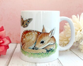 Fawn and Butterfly Ceramic Coffee Mug. Baby Deer Gift.