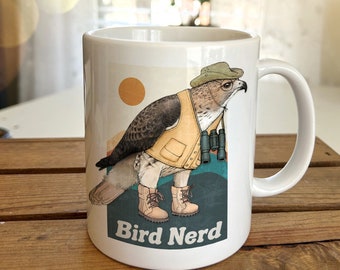 Hawk Bird Nerd Mug Ceramic / Stainless Steel Cup Outdoors Hiker Bird Lover Birder Watcher Watching Camping Coffee Dad Gift. Red Tailed Hawk.