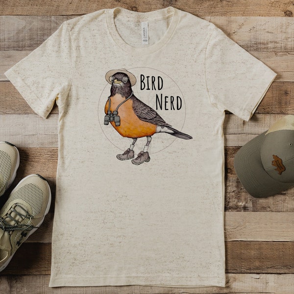 T-shirt unisexe Triblend « Bird Nerd ». Vêtements d'observation des oiseaux. T-shirt homme/femme. T-shirt drôle. Chemise d'observation d'oiseaux geek. Ornithologie / Cadeau ornithologue amateur.