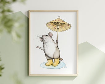 Cute Sunshine Mouse in Rainboots Print. Umbrella Animal Artwork. Critter Poster Wall Decor. Kids Room Nursery Art Wildlife in Rain-Boots.