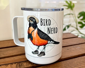 Camping Bird Nerd Mug. Birding Stainless Steel Beverage Cup. Bird Lover. Funny Bird Watcher Cute Illustrated coffee tumbler. Birder Gift.