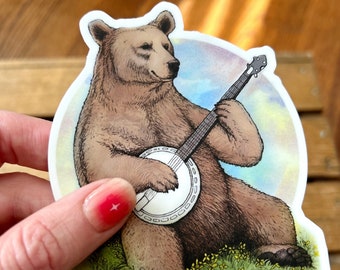 Bluegrass Banjo Bear Vinyl Sticker. Brown Bear Bumper Sticker. Waterproof Grizzly Sticker. Banjo Decal. Music Case Country Musician Gift.