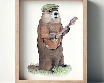 Musical Woodchuck Fine Art Print. Marmot / Groundhog on the Mandolin Funny Wall Decor.