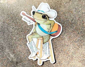 Cute Vinyl Cowboy Frog Sticker. Funny Waterproof Laptop Water Bottle Sticker. Colorful Texas Country Western Gift. Bluegrass Toad Lover.