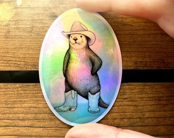 Cowboy Otter Vinyl Holographic Sticker. Iridescent Waterproof Laptop Water Bottle Sticker. Texas Country Western Sea Otter. Funny Gift.