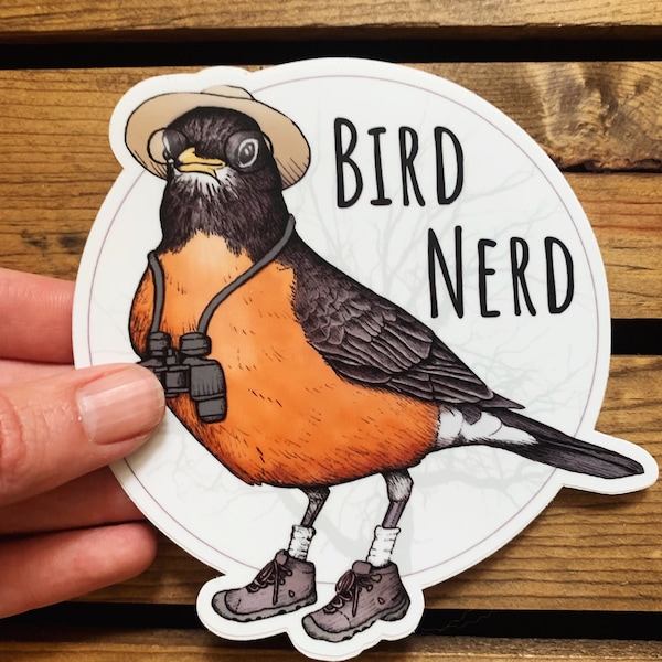 Sticker vinyle oiseau nerd. Adhésif pour pare-chocs d'observation d'oiseaux. Sticker bouteille d'eau amoureux des oiseaux. Cadeau drôle d'observateur d'oiseaux. Sticker pour ordinateur portable hipster. Robin.