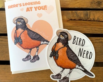 Bird Nerd Valentine Set. Bird Lover Card & Sticker. Birding Bumper Sticker. Funny Bird Watcher Gift Robin. Birder Husband /  Wife Love Card.