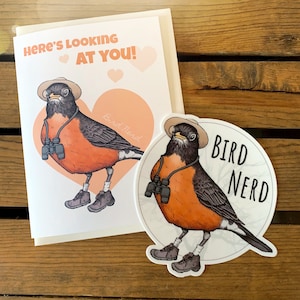 Conjunto de namorados nerd de pássaros. Cartão e adesivo de amante de pássaros. Autocolante no vidro traseiro da observação de pássaros. Robin engraçado do presente do observador de pássaros. Cartão de amor do marido/esposa Birder.