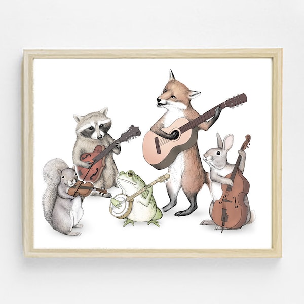 Bluegrass Animal Band Art Print - Bluegrass Art - Animal Art - Music Art - Cute Animal Print - Woodland Critter Band - Nursery Art - Musical