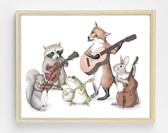 May include: A watercolour illustration of a band of woodland animals playing musical instruments. A fox plays a guitar, a raccoon plays a banjo, a squirrel plays a violin, a frog plays a banjo, and a rabbit plays a cello.