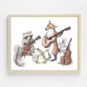 May include: A watercolor illustration of a band of woodland animals playing musical instruments. A fox plays a guitar, a raccoon plays a banjo, a squirrel plays a violin, a frog plays a banjo, and a rabbit plays a cello.