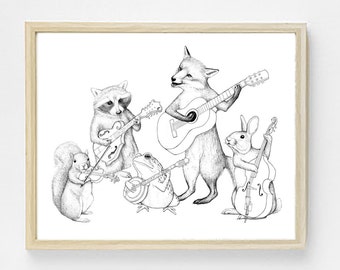 Bluegrass Tier Band Kunstdruck - Bluegrass Kunst - Tier Kunst - Musik-Kunst - niedliche Tier Druck - Wald Critter Band - Kindergarten Kunst - Musical