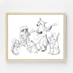 May include: A black and white line drawing of a band of animals playing musical instruments. A fox plays a guitar, a raccoon plays a banjo, a squirrel plays a fiddle, a frog plays a banjo, and a rabbit plays a bass.