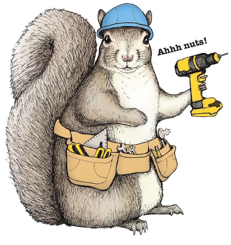 Peut inclure: Un &eacute;cureuil de dessin anim&eacute; portant un casque bleu et une ceinture &agrave; outils tient une perceuse jaune et dit "Ahhh nuts!"