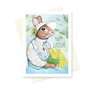 Süße Osterhasen Karte zum Ausdrucken. Frohe Ostern Hase Karte. Blumen-Narzissen handgefertigte illustrierte Blumen viktorianisches schickes digitaler Download.