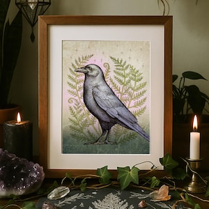 Illustrated Crow Art Print. Original Bird and Ferns Artwork Design. Nature Witchy Wall Art Decor. Moody Dark Cottagecore Raven Aesthetic.