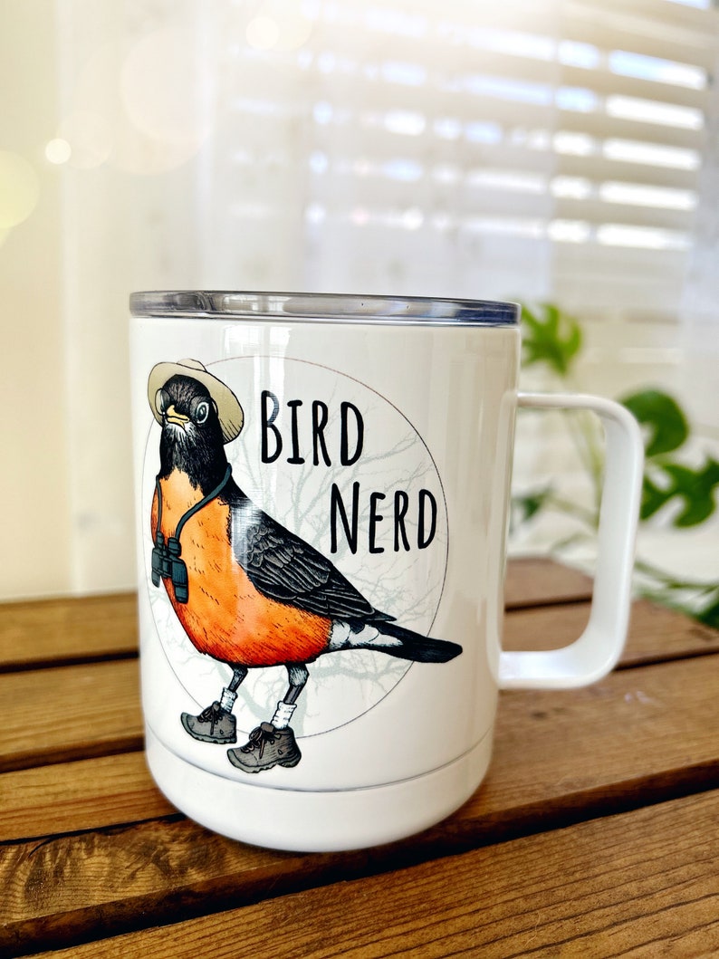 Camping Bird Nerd Mug. Birding Stainless Steel Beverage Cup. Bird Lover. Funny Bird Watcher Cute Illustrated coffee tumbler. Birder Gift. image 3