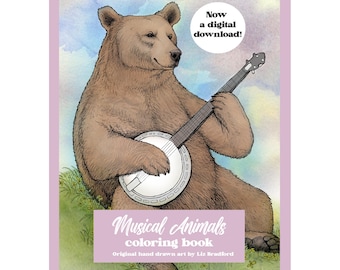 Libro para colorear imprimible de animales musicales. Descarga digital: imprímelo tú mismo. Para niños y adultos.
