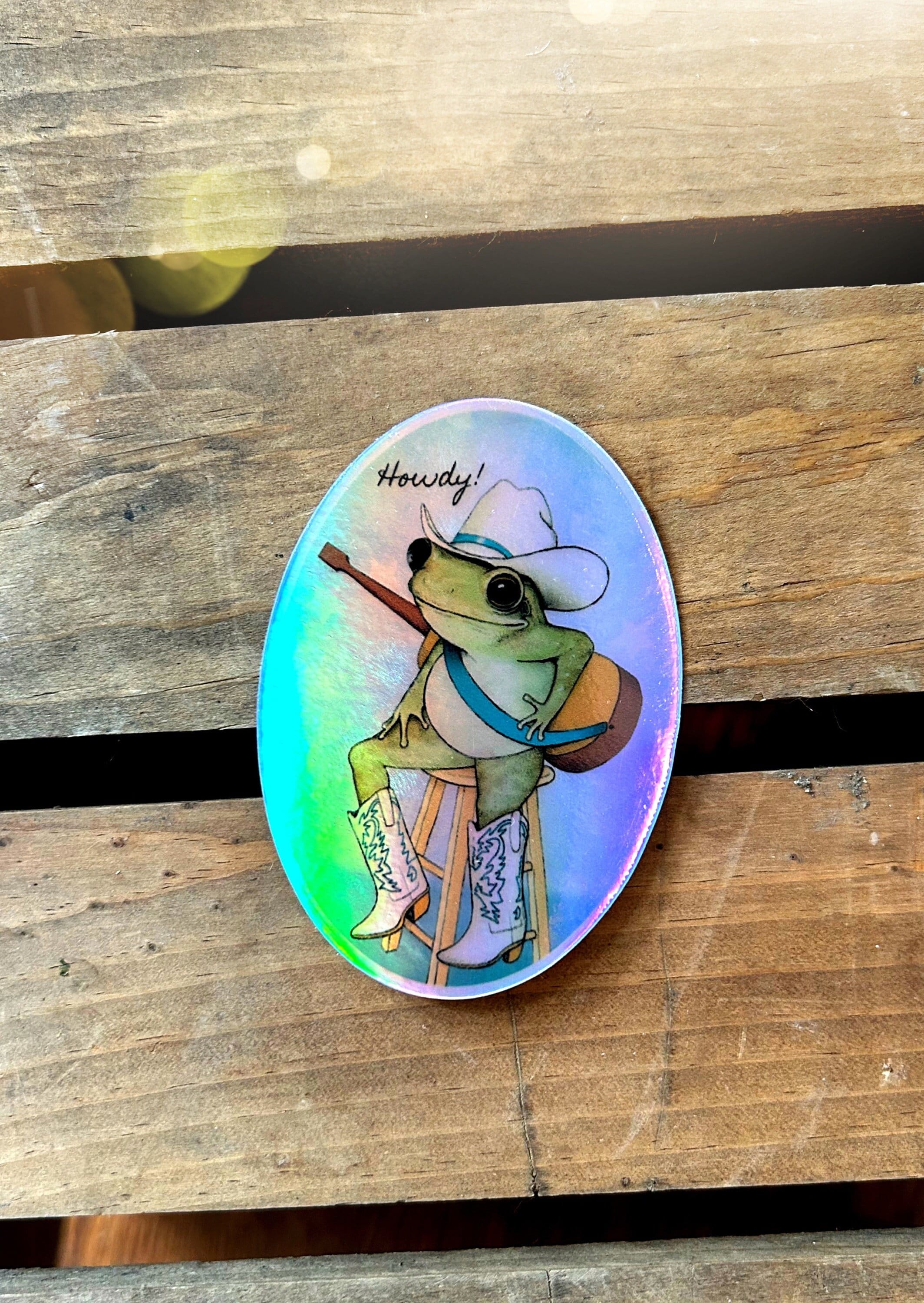 Cute Vinyl Cowboy Frog Holographic Sticker. Funny Iridescent Waterproof Laptop Water Bottle Sticker. Colorful Texas Country Western Gift.