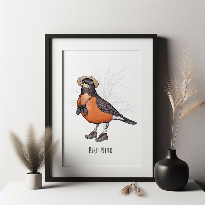 Bird Nerd Art Print. Birding Artwork. Birdwatcher Gift. Birder Print. Songbird Illustration. Bird Lover Gift. Funny Bird Watching. Robin. image 2