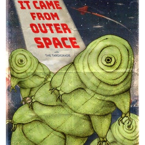 May include: A vintage movie poster with a retro design featuring the text "It Came From Outer Space" with the words "Resurrected From The Dead!" above the title. The poster features a green, segmented creature with multiple eyes and legs.