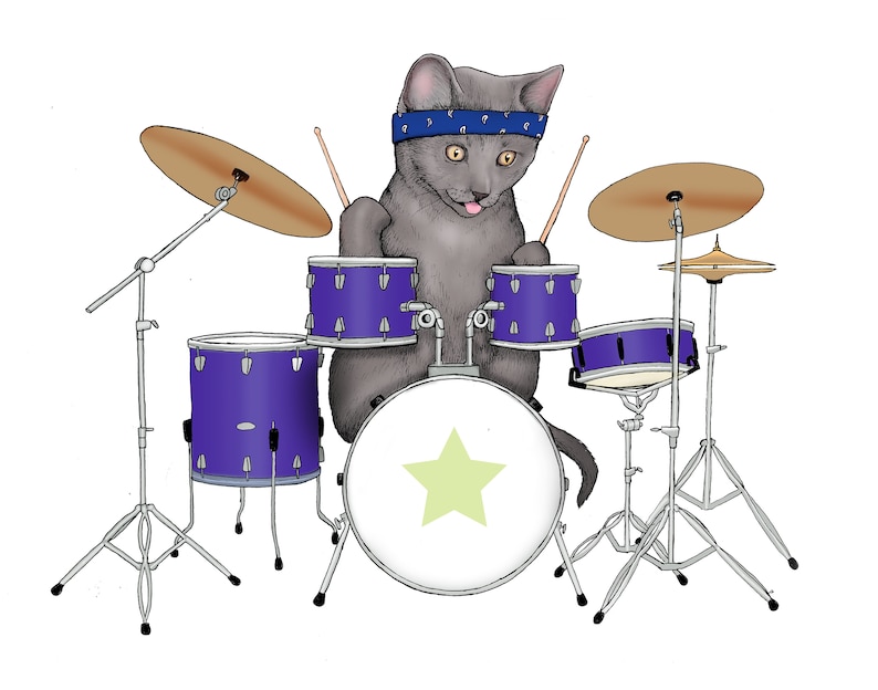 Cat Drummer Art Print. Rock and Roll Art. Animal Art. Music Etsy