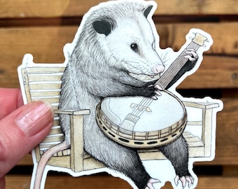 Pegatina de zarigüeya para banjo de bluegrass. Divertida pegatina impermeable de vinilo para parachoques. Calcomanía para estuche de partituras, regalo para músico.