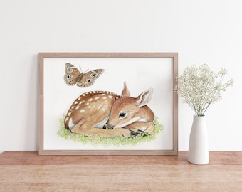 Baby Fawn and Butterfly Cottagecore Fine Art Print. Watercolor Painting Decor.