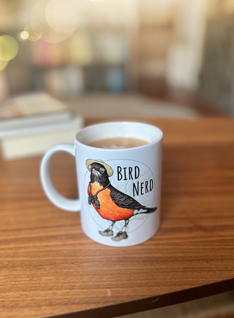 Bird Nerd Mug. Birding Beverage Cup. Bird Lover. Funny Bird Watcher Gift. Cute Illustrated Robin Mug. Birder Gift. image 2