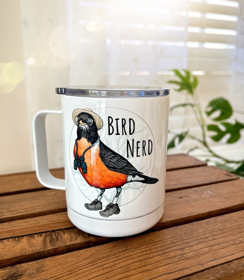 Camping Bird Nerd Mug. Birding Stainless Steel Beverage Cup. Bird Lover. Funny Bird Watcher Cute Illustrated coffee tumbler. Birder Gift. image 1