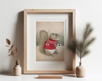 Winter Sweater Squirrel Art Print. Woodland Decor.  Snowy Mountain House / Ski Lodge Forest Animal.