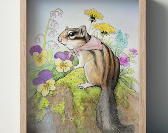 Impresión artística de acuarela de ardilla floral. Decoración para habitación infantil, obra de arte de pared con temática de naturaleza, bosque y animales.