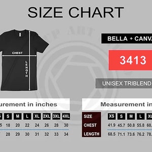 May include: Size chart for a Unisex Triblend Tee, with measurements in inches and centimeters. The chart includes chest and length measurements for sizes XS to 4XL. The shirt is black, and the brand is Bella + Canvas.
