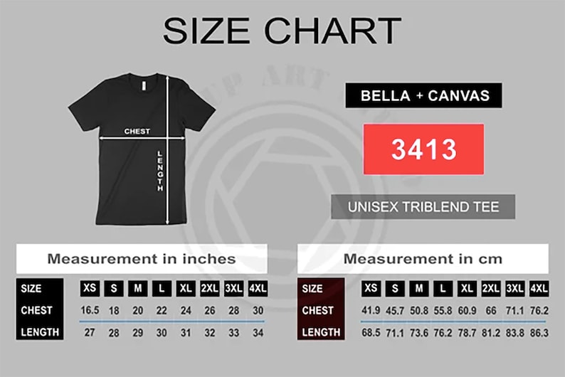 May include: Size chart for a Unisex Triblend Tee, with measurements in inches and centimeters. The chart includes chest and length measurements for sizes XS to 4XL. The shirt is black, and the brand is Bella + Canvas.