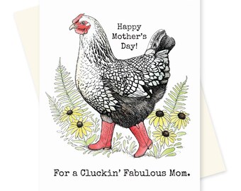 Carte drôle de fête des mères de poulet. Bottes uniques de poulet sucré gloussant une fabuleuse mère poule, bonne fête des mères. Cadeau pour maman Ferme florale de campagne
