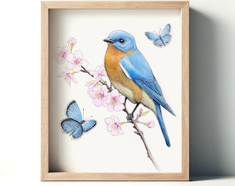 Bluebird and Butterflies Fine Art Print. Bird Watercolor Cottage Floral Decor.