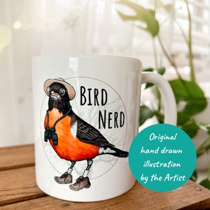 Bird Nerd Mug. Birding Beverage Cup. Bird Lover. Funny Bird Watcher Gift. Cute Illustrated Robin Mug. Birder Gift.