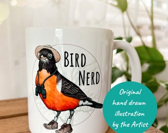 Vogel Nerd Tasse. Birding Getränke Tasse. Vogelliebhaber. Lustiges Vogel-Beobachter-Geschenk. Niedliche Illustrierte Rotkehlchen Tasse. Vogelbeobachter Geschenk.